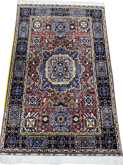 Hand-knotted Afghani Wool Rug by Rugistan featuring blue and brown Mamluk patterns, measuring 40x62 inches.
