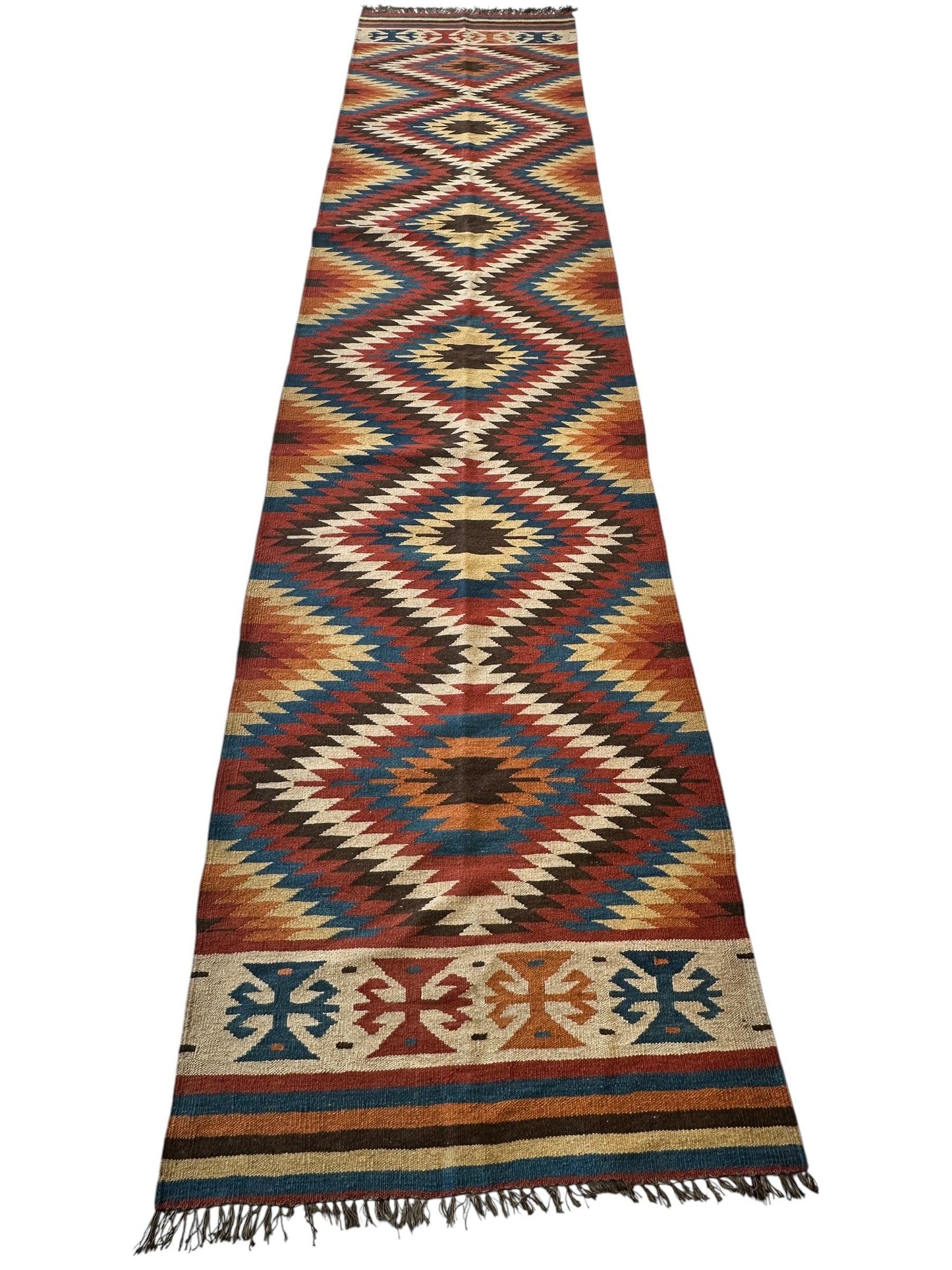 Hand-Knotted Afghan Kilim Wool Runner Rug – 2’8” x 12’4” – Vintage Full Geometric Design - Nuvé