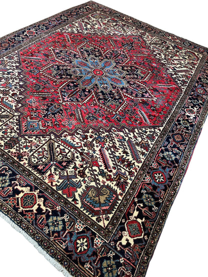 Hand-Knotted Persian Heriz Wool Rug – 9’ x 12’ – Geometric Medallion Design - Nuvé