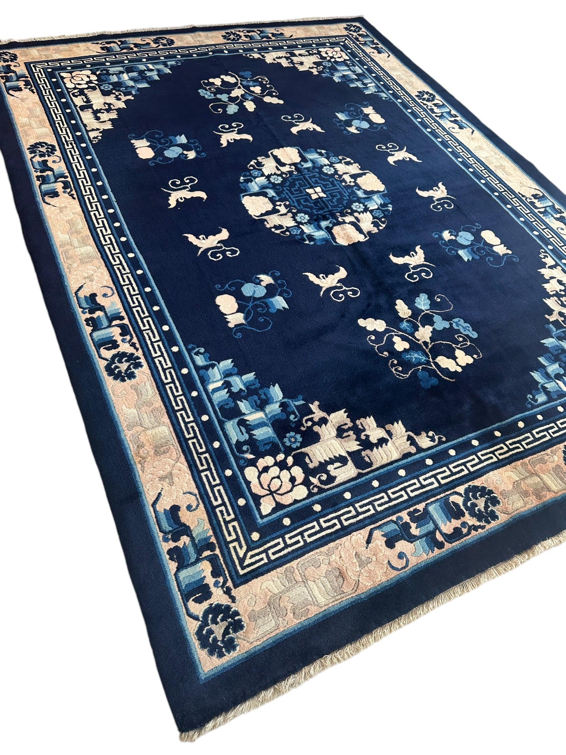 Hand-Knotted Antique Chinese Peking Wool Rug – 5’6” x 7’6” – Full Pile Navy and Cream Design - Nuvé