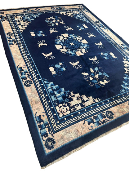 Hand-Knotted Antique Chinese Peking Wool Rug – 5’6” x 7’6” – Full Pile Navy and Cream Design - Nuvé