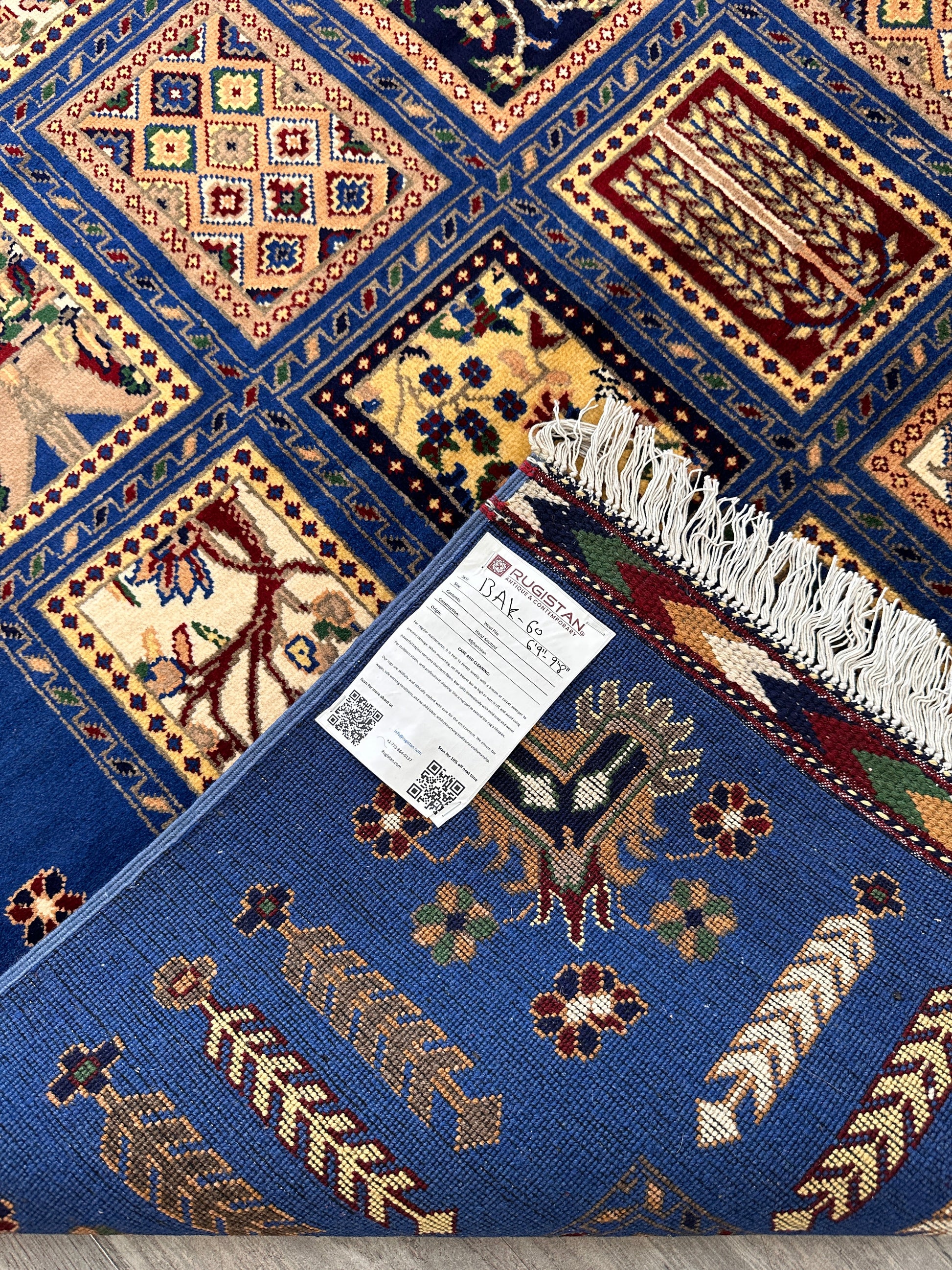 6'9″ x 10' Hand-Knotted Afghani Bakhtiari Wool Rug – Persian Garden Design – Blue & Cream - Nuvé