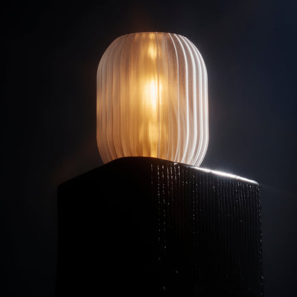 Wooj Design Allium Lamp with clear glass shade and modern floral-inspired design displayed on a surface.
