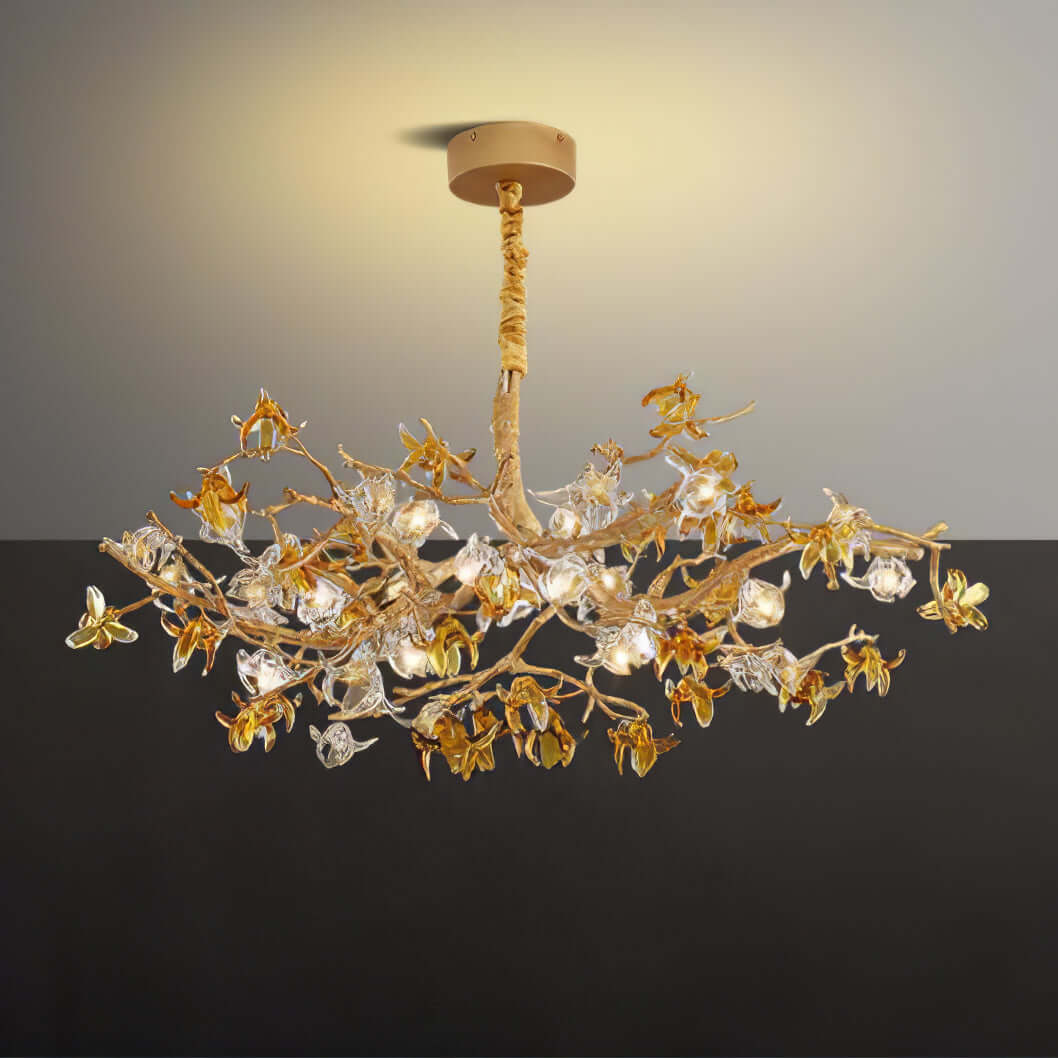 Aosta brass glass flower chandelier by korewolamp featuring brass branches and glass flower accents hanging from a ceiling mount.