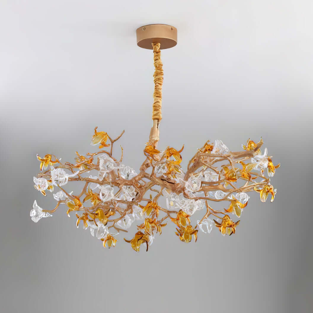 Aosta brass glass branch chandelier by korewolamp with multiple glass flower-shaped light fixtures on brass arms.