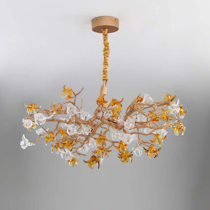 Aosta brass glass branch chandelier by korewolamp with multiple glass flower-shaped light fixtures on brass arms.