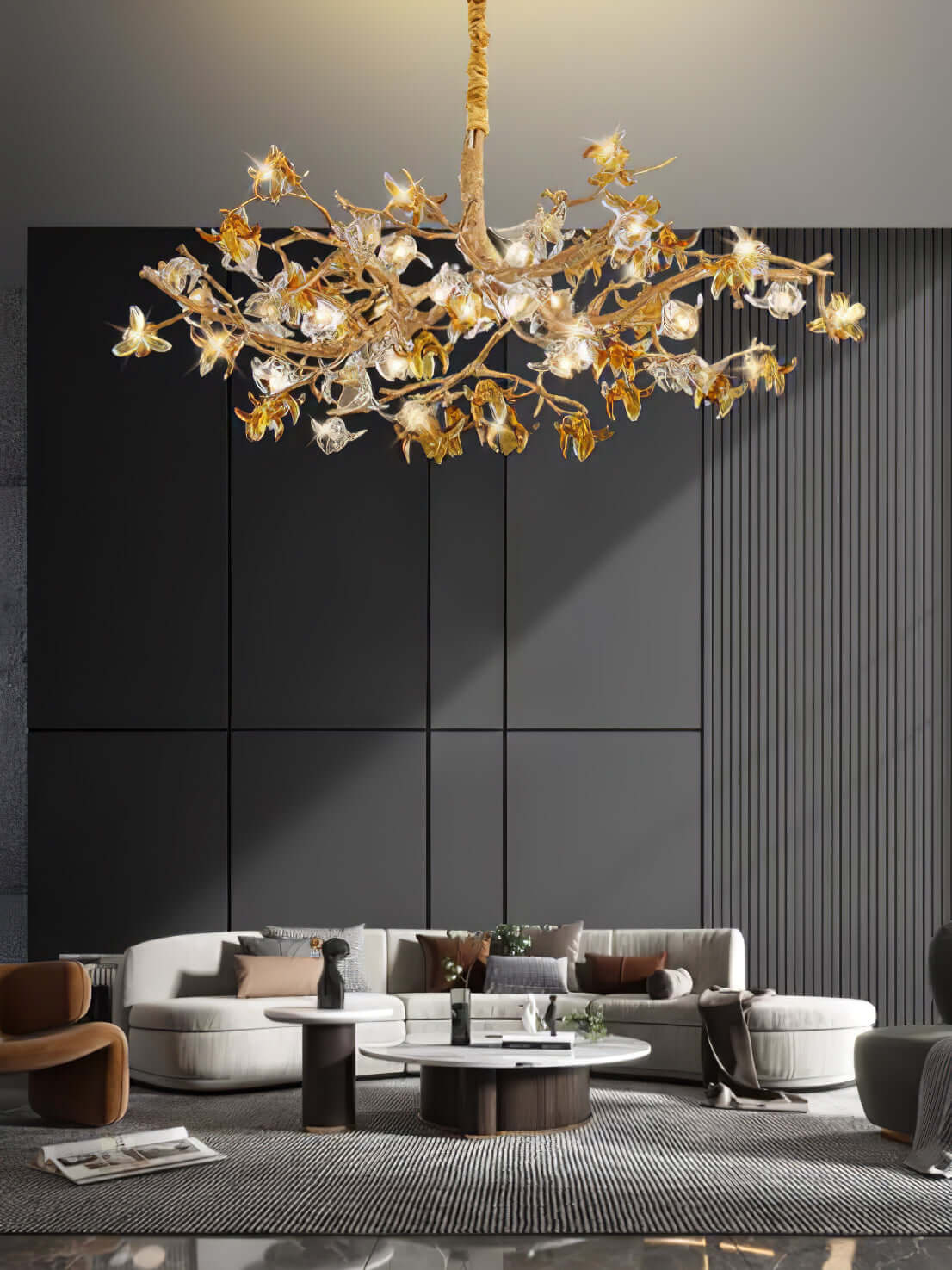 Aosta brass glass branch chandelier by korewolamp with multiple glass flower-shaped lights and brass accents.