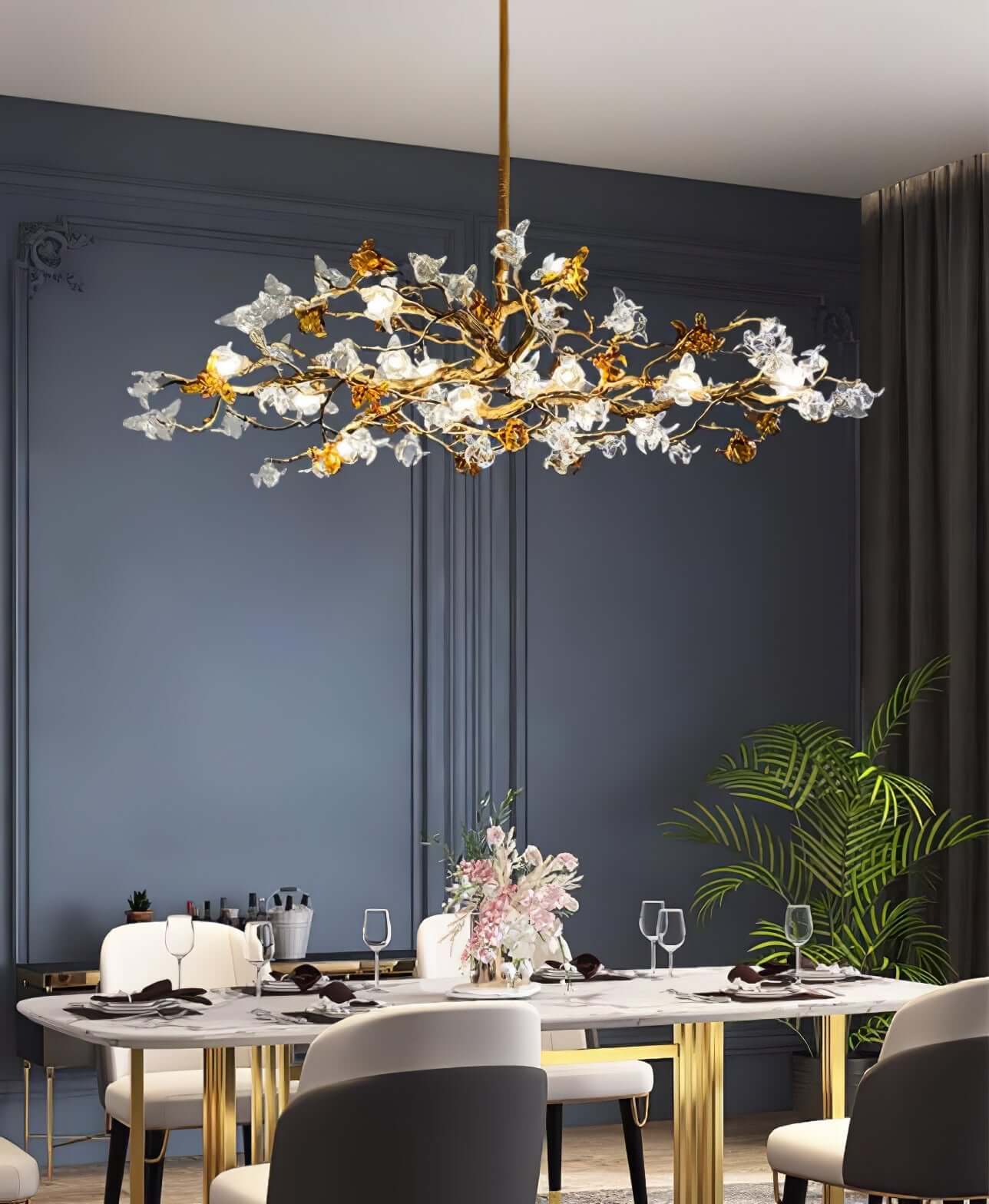 Aosta brass glass branch chandelier by korewolamp featuring elegant brass arms and clear glass flower-shaped light fixtures.