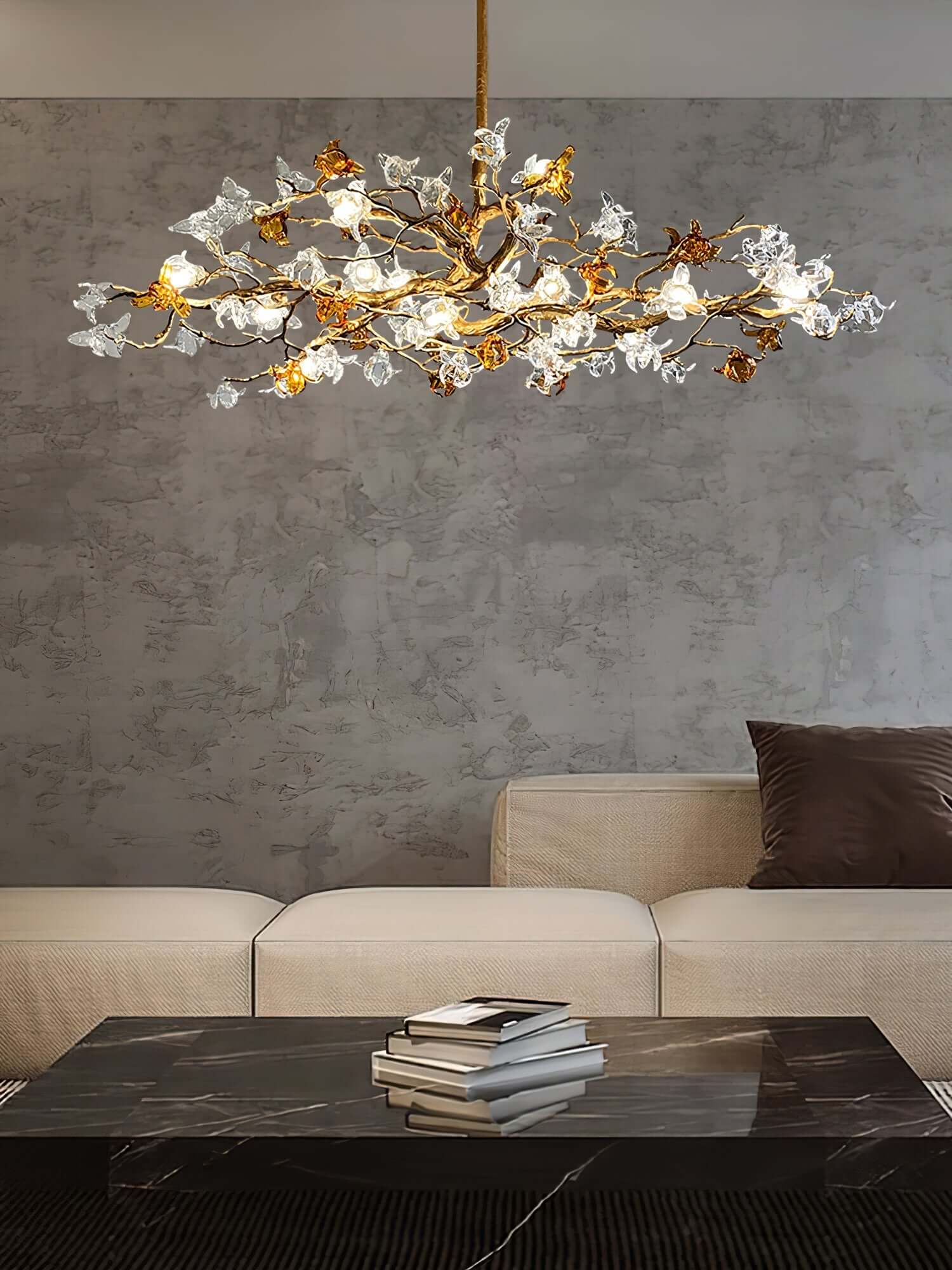 Aosta brass glass branch chandelier by Korewolamp featuring elegant glass flower accents and intricate brass detailing.