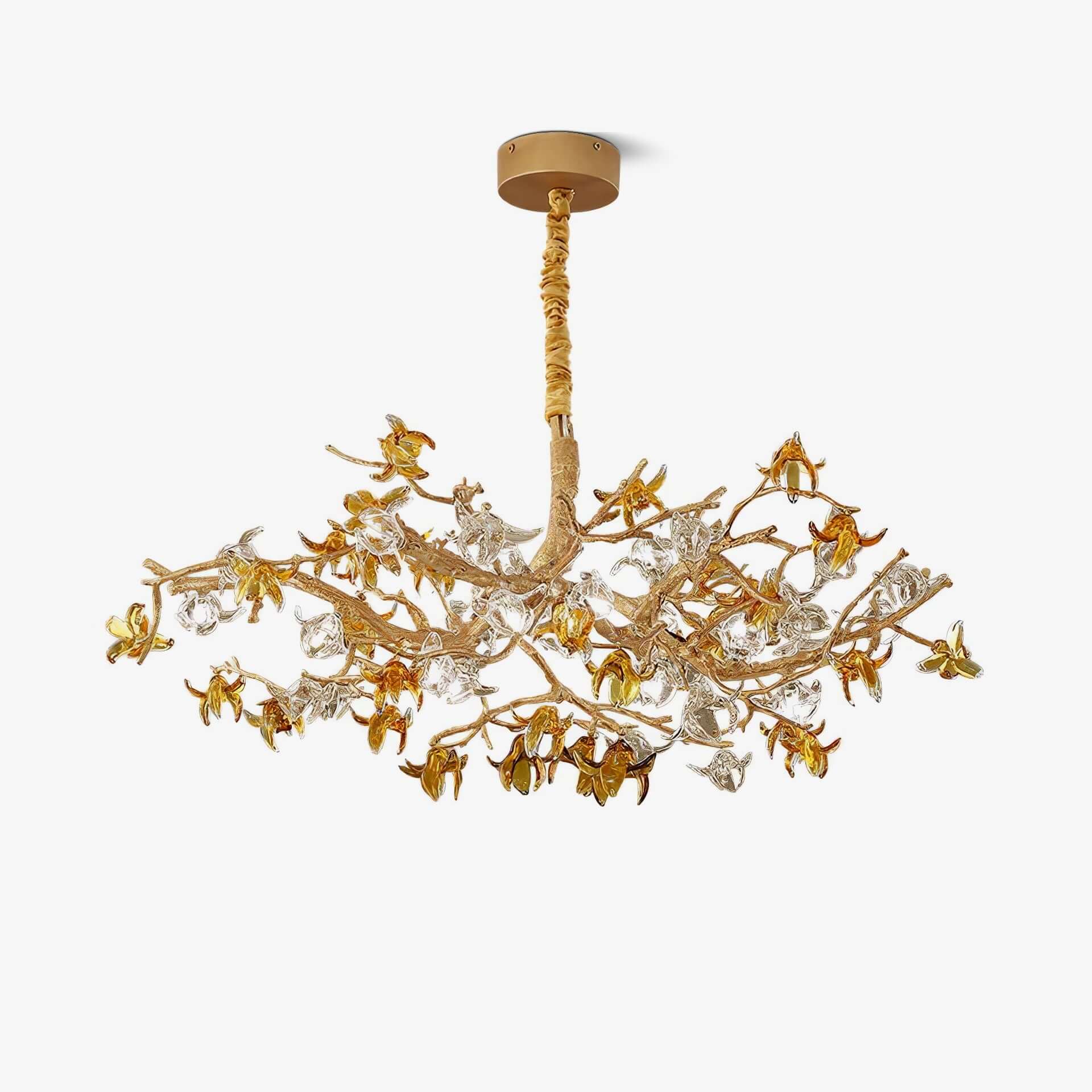Aosta brass glass branch chandelier by korewolamp featuring multiple glass flower-shaped shades and brass accents.