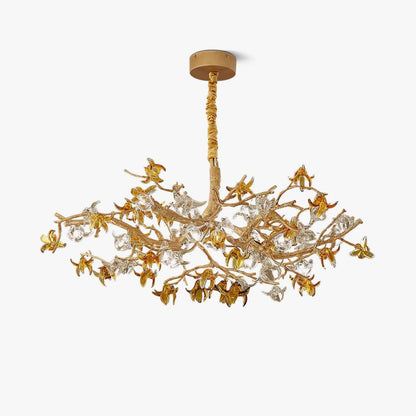 Aosta brass glass branch chandelier by korewolamp featuring multiple glass flower-shaped shades and brass accents.