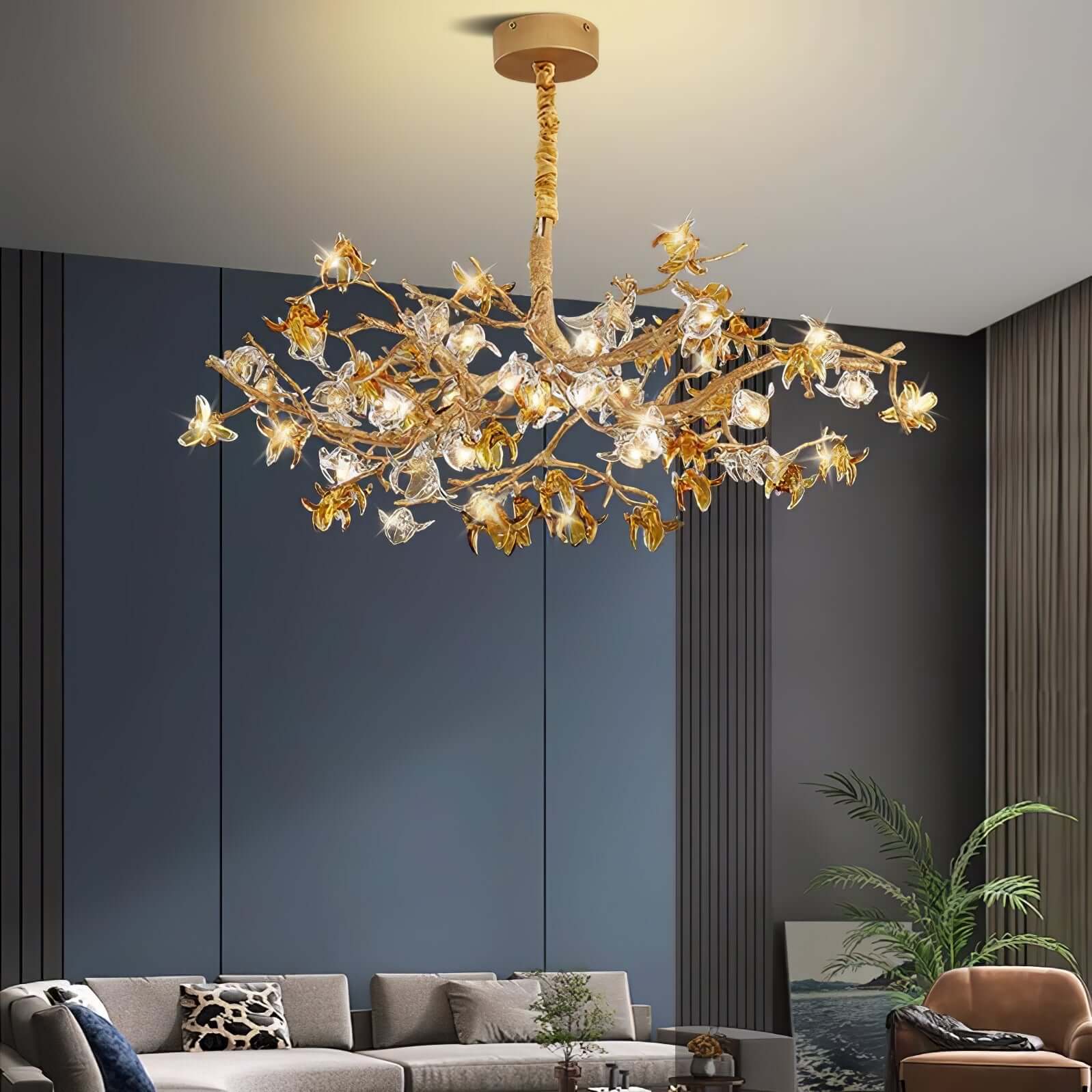 Aosta Brass Glass Flower Chandelier by korewolamp featuring brass branches and delicate glass flower accents hanging elegantly.