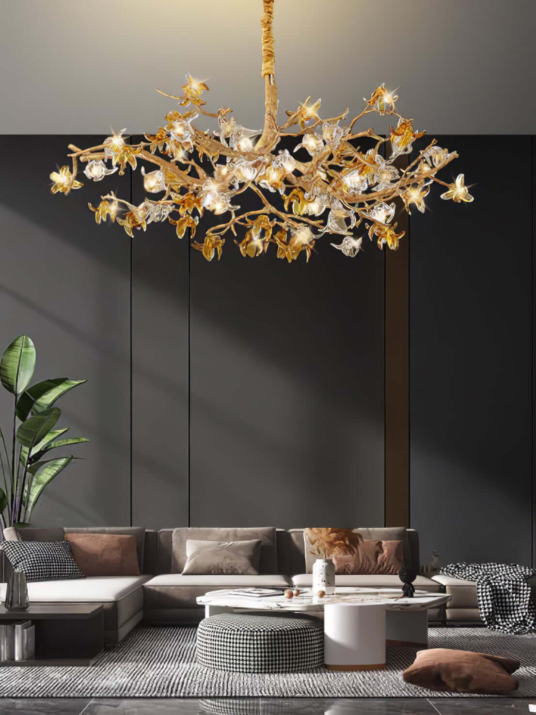 Aosta brass glass branch chandelier by korewolamp with multiple glass flower-shaped shades and brass accents.