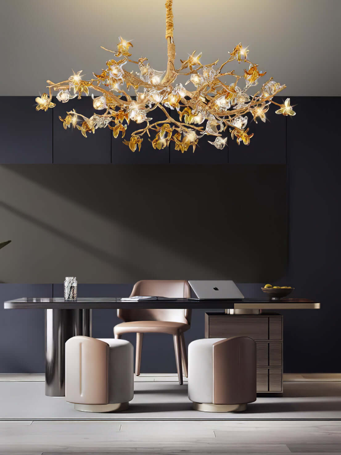 Aosta brass glass flower chandelier by korewolamp featuring brass branches and delicate glass flower details.