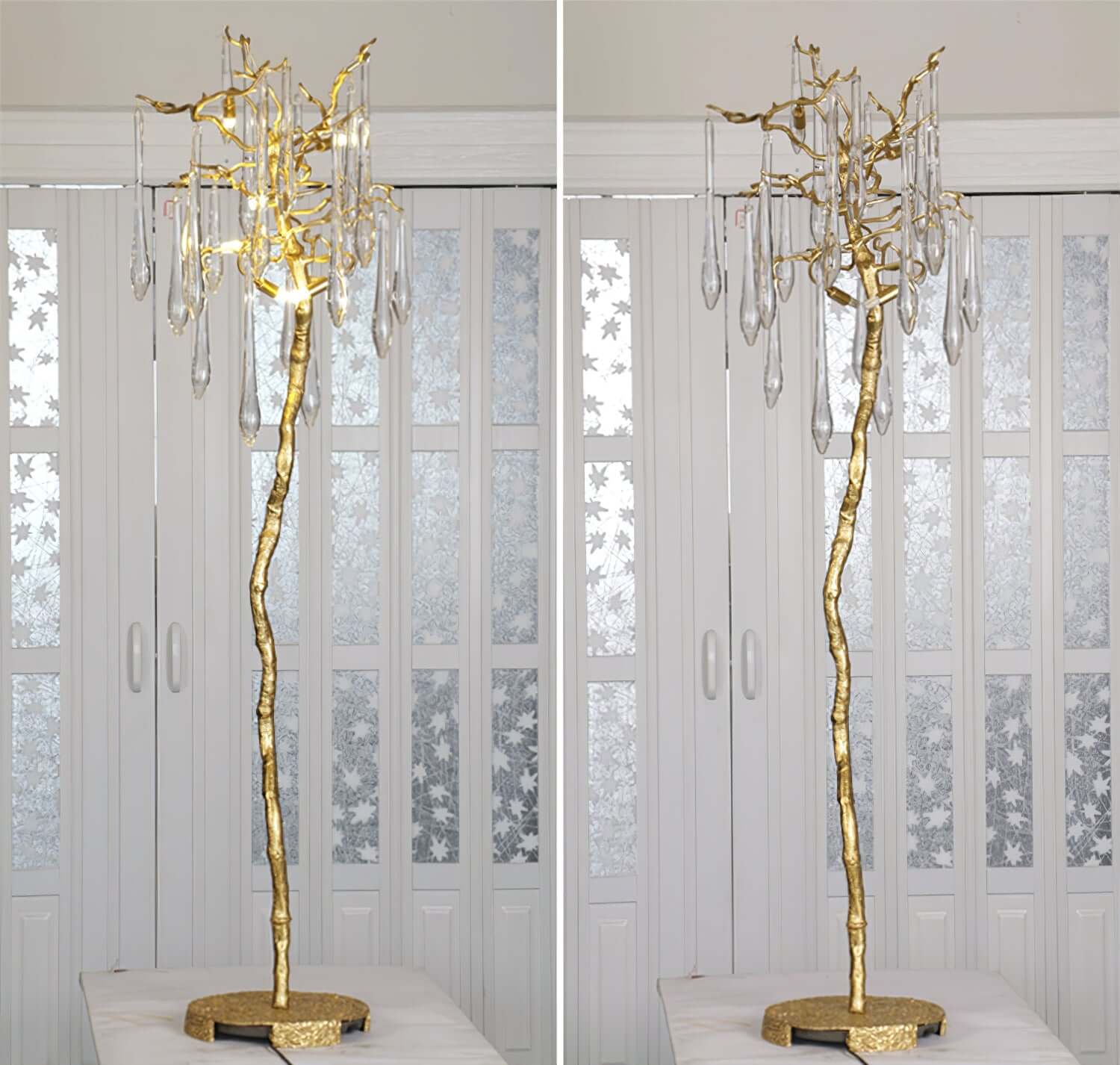 Korewolamp Aqua Babylonica floor lamp with a vibrant blue ceramic base and elegant design, standing tall with a white fabric shade