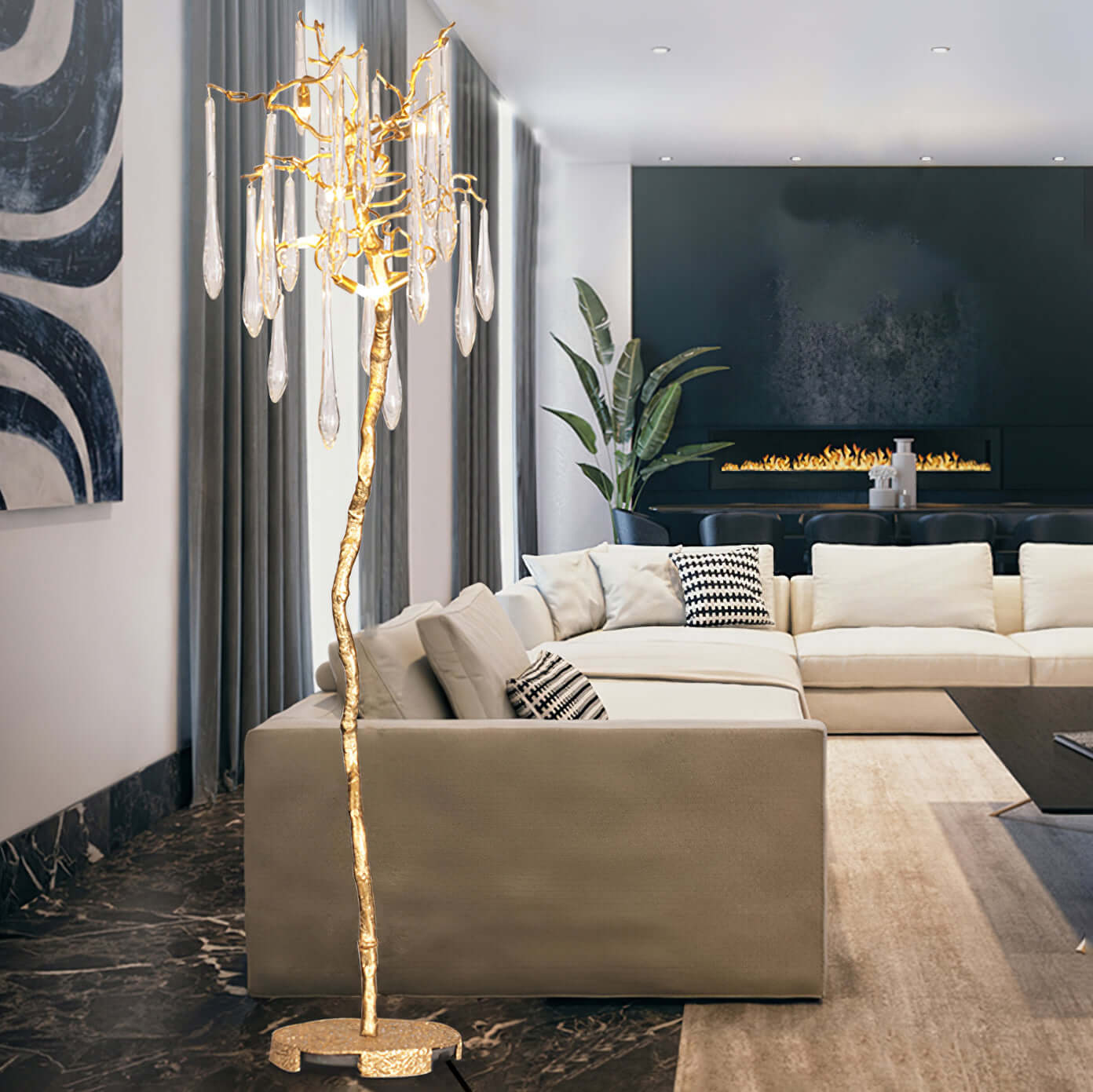 Korewolamp Aqua Babylonica floor lamp with a smooth, curved design and aqua-colored glass shade standing on a black base.