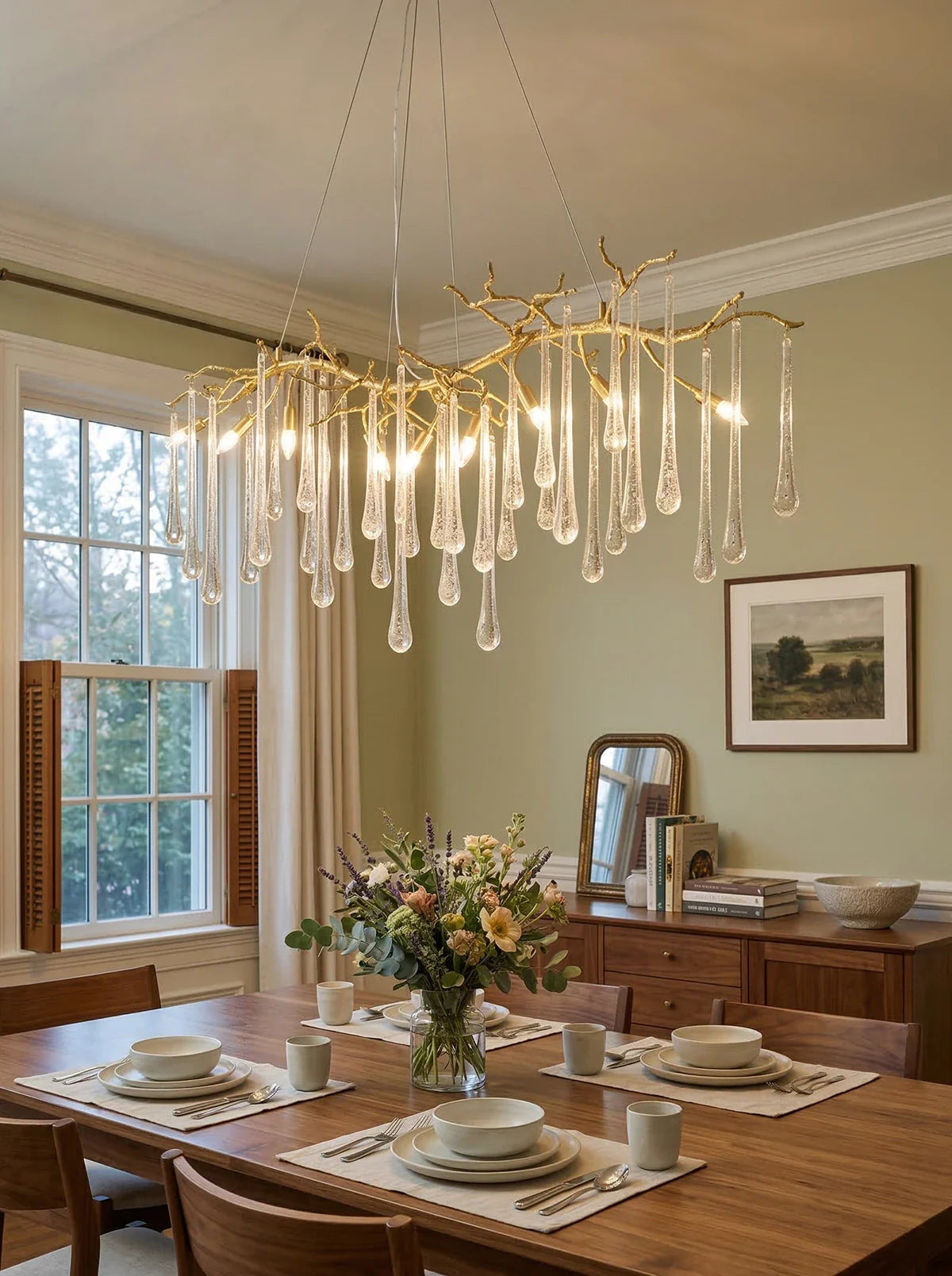 Aqua Makrama chandelier by korewolamp featuring intricate blue and white woven designs hanging from a metal frame.