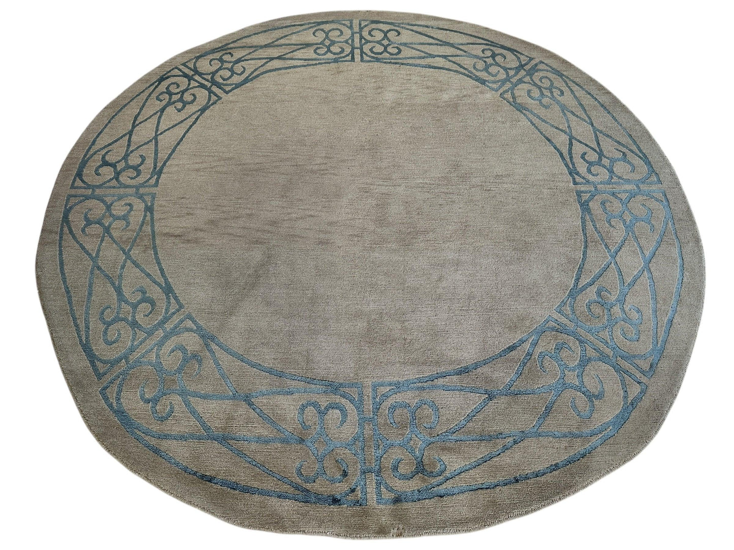 Hand-Knotted Tibetan Rug - 6' x 6'1" Round - Wool & Silk - Elegant Blue Border Design - Nuvé