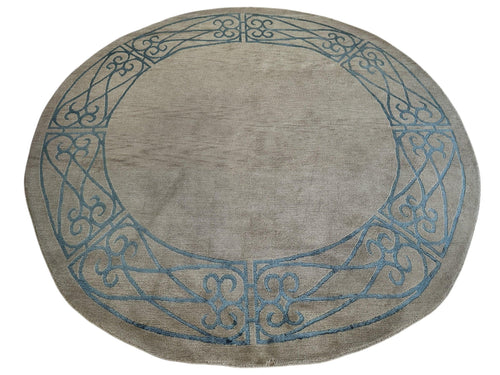 Hand-Knotted Tibetan Rug - 6' x 6'1" Round - Wool & Silk - Elegant Blue Border Design - Nuvé