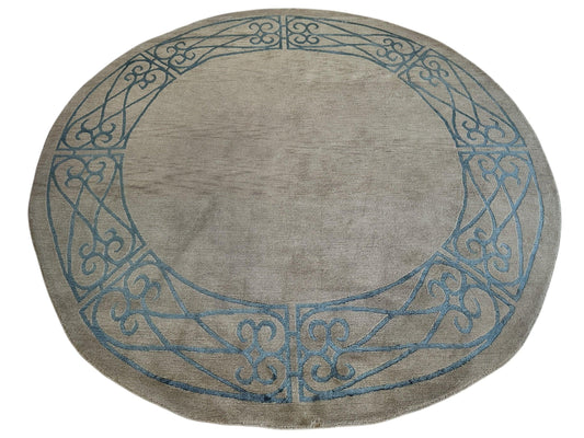 Hand-Knotted Tibetan Rug - 6' x 6'1" Round - Wool & Silk - Elegant Blue Border Design - Nuvé