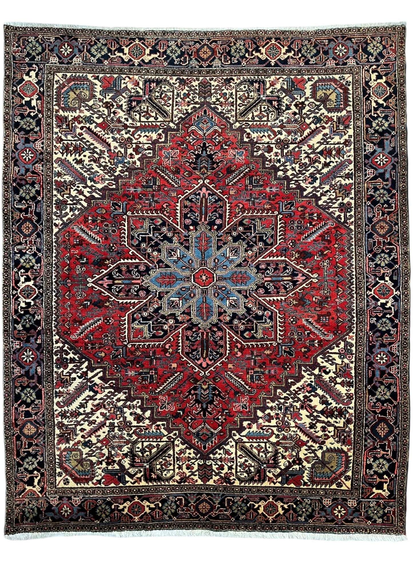 Hand-Knotted Persian Heriz Wool Rug – 9’ x 12’ – Geometric Medallion Design - Nuvé