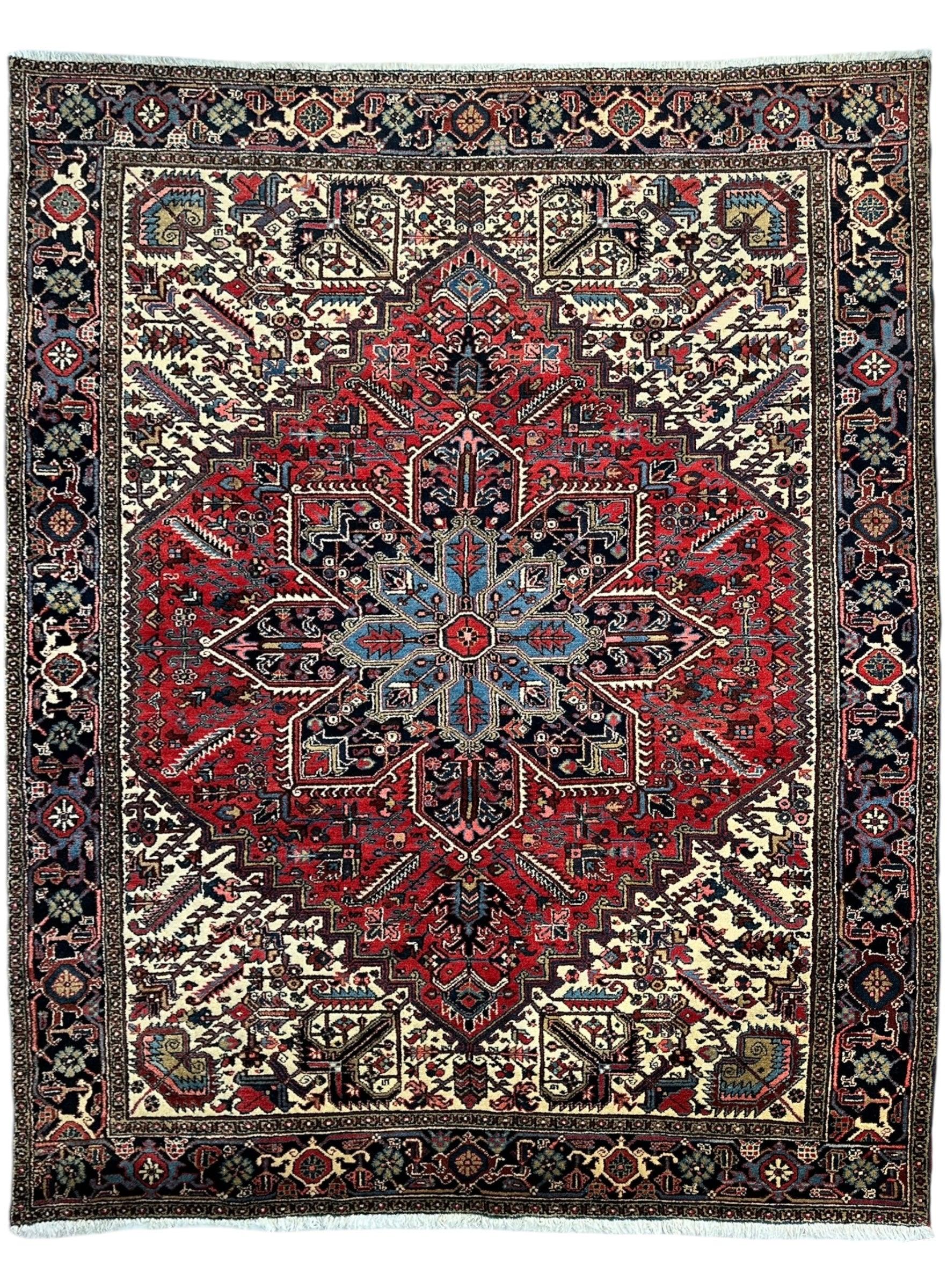 Hand-Knotted Persian Heriz Wool Rug – 9’ x 12’ – Geometric Medallion Design - Nuvé