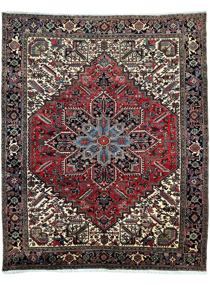 Hand-Knotted Persian Heriz Wool Rug – 9’ x 12’ – Geometric Medallion Design - Nuvé