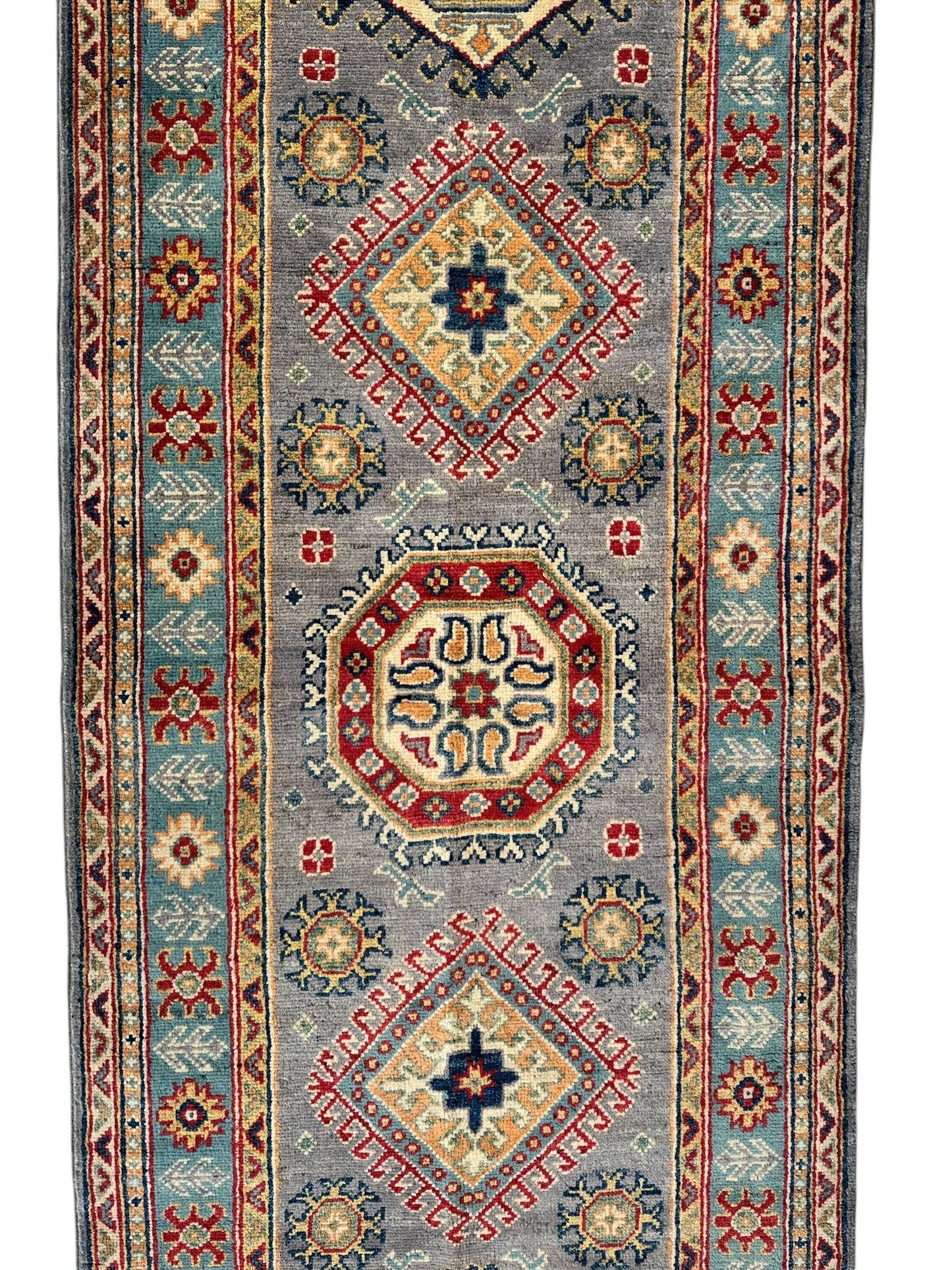Hand-Knotted Afghan Kazak Wool Runner Rug – 2'7" x 12'3" – Traditional Geometric Design - Nuvé