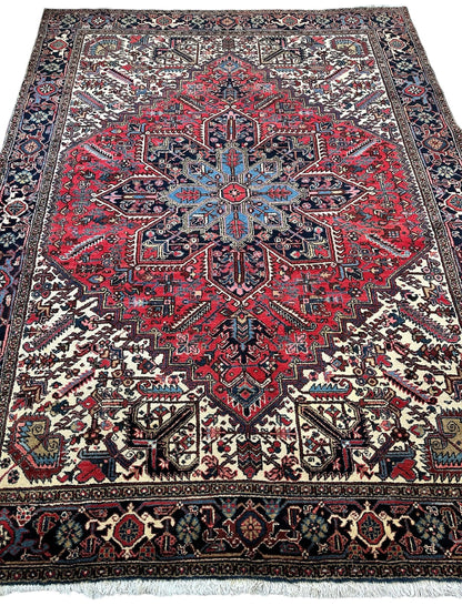 Hand-Knotted Persian Heriz Wool Rug – 9’ x 12’ – Geometric Medallion Design - Nuvé