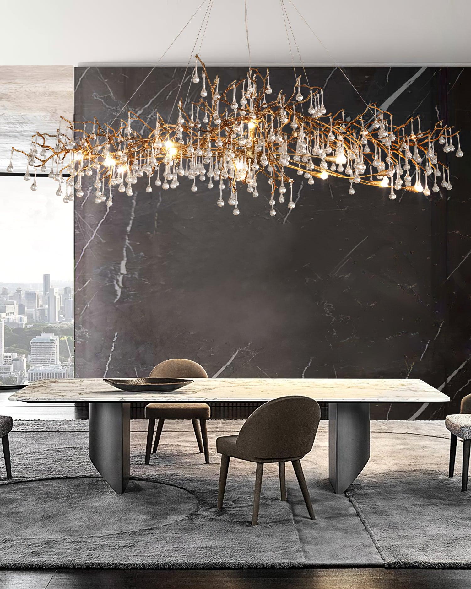 Korewolamp Tree Branch Bijou Crystal Drop Chandelier with glass crystal drops and intricate branch design, hanging with multiple bulbs.