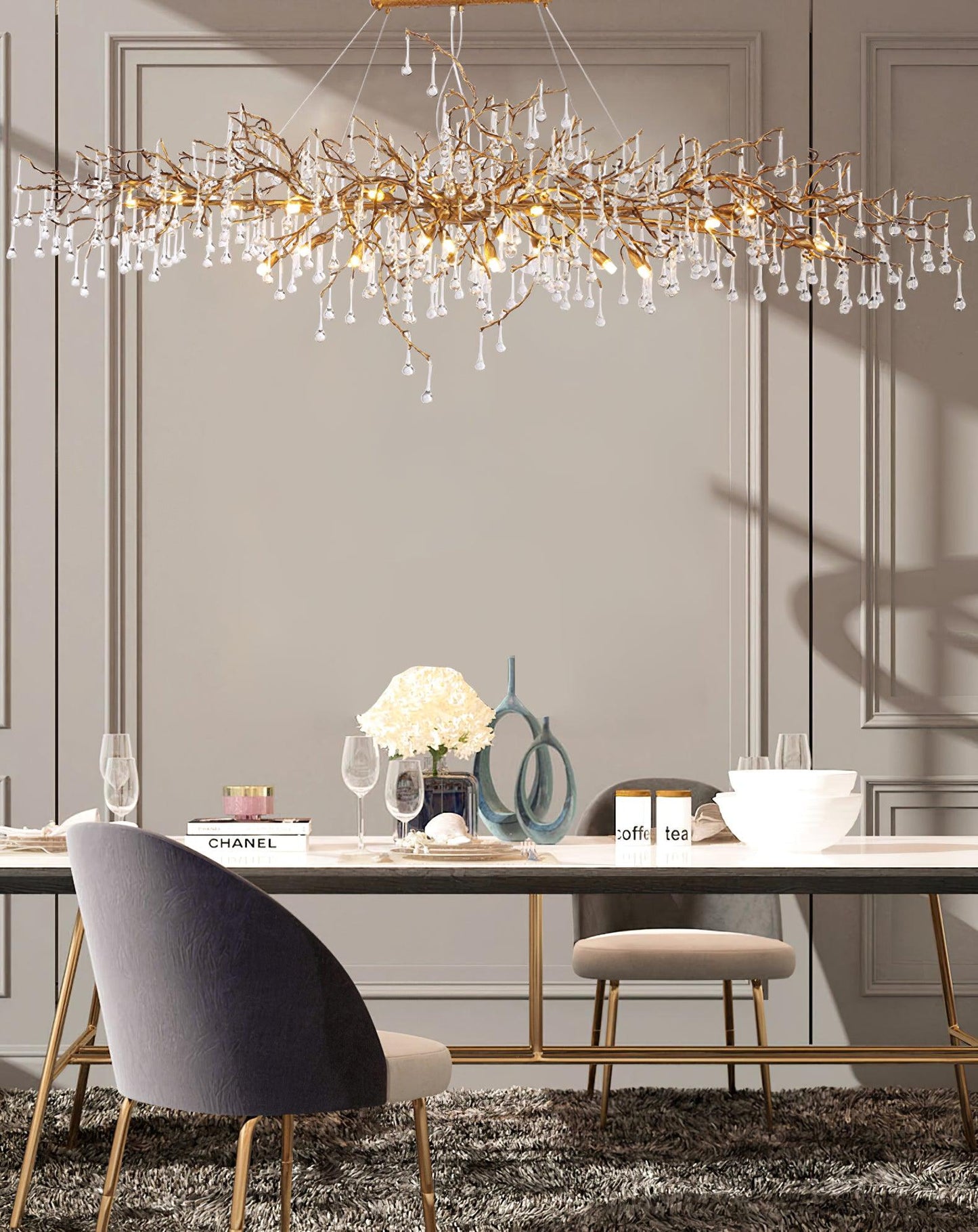 Korewolamp Tree Branch Bijou Crystal Drop Chandelier with hanging crystal drops and intricate branch design.