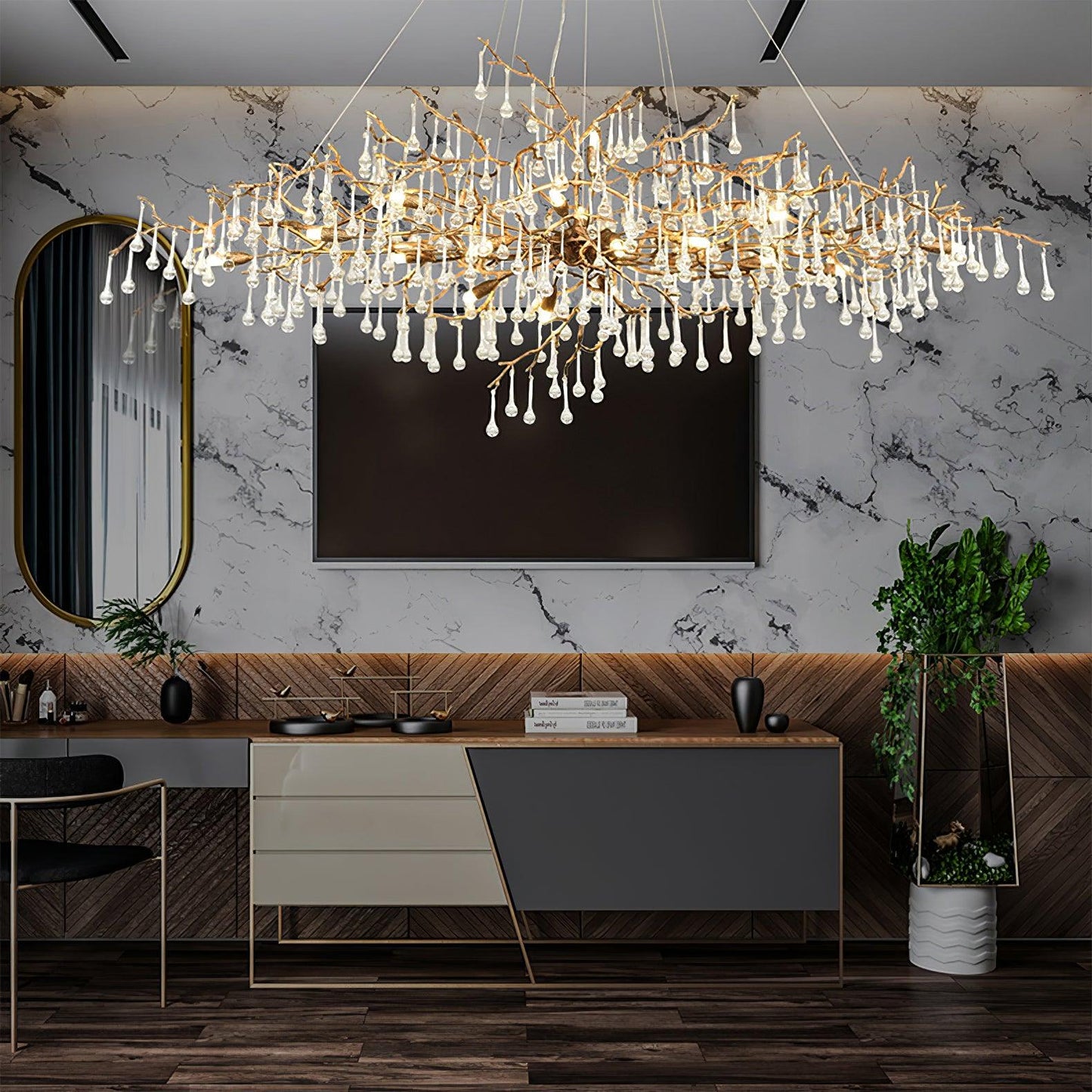 Korewolamp Tree Branch Bijou Crystal Drop Chandelier with hanging crystal drops and a branch-inspired design.