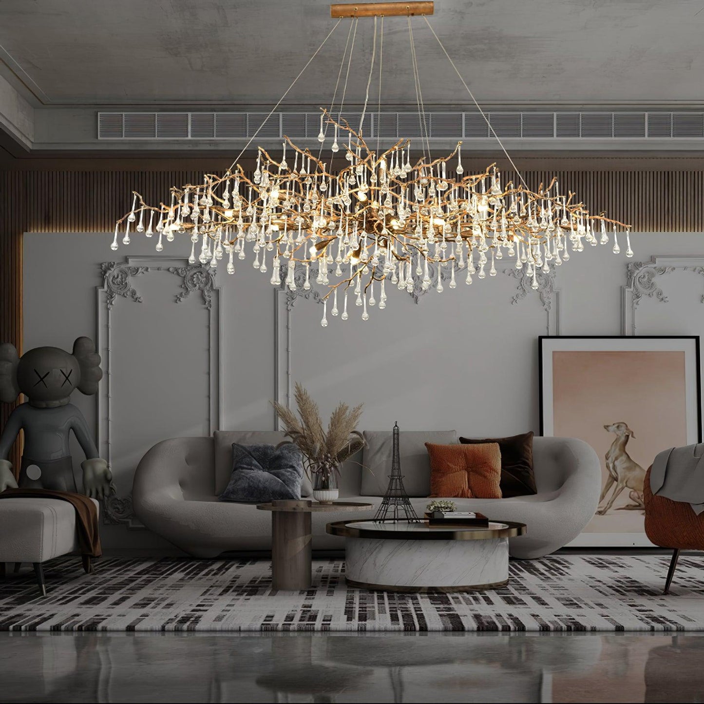 Korewolamp Tree Branch Bijou Crystal Drop Chandelier with sparkling crystal drops and intricate branch design hanging from a metal frame