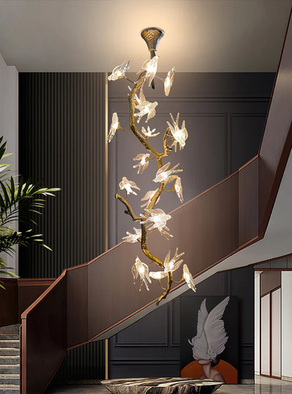 Bird Glass Tree Branch Long Staircase Chandelier - Nuvé