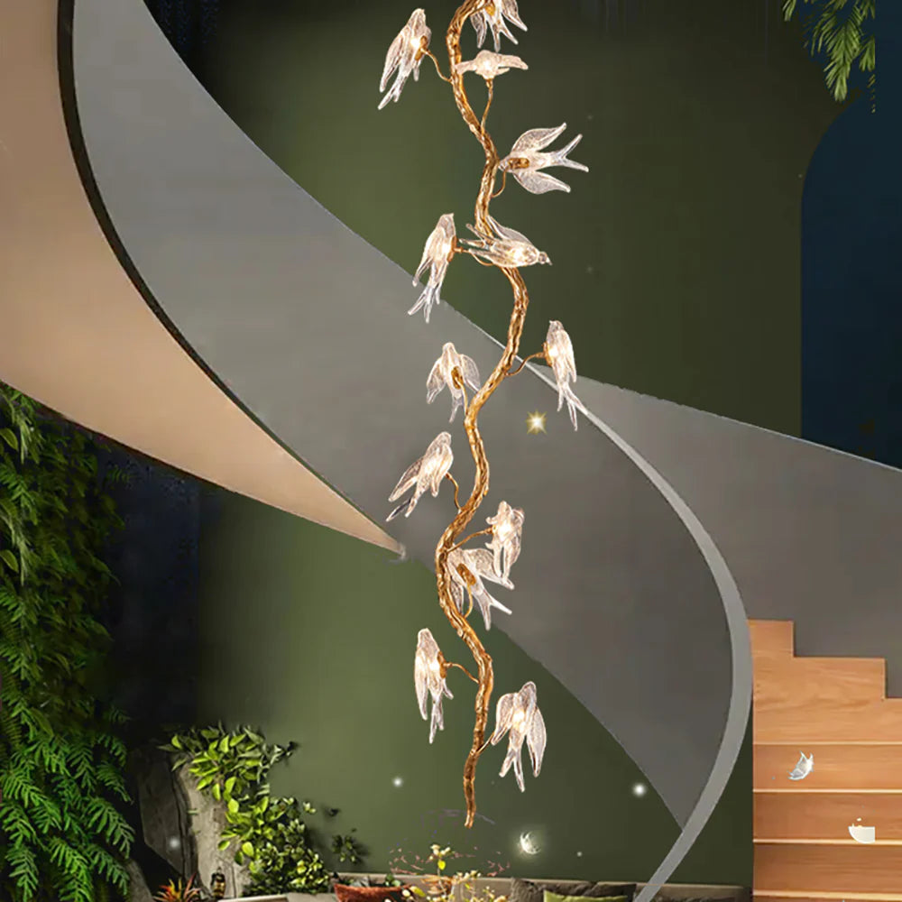 Bird Glass Tree Branch Long Staircase Chandelier - Nuvé