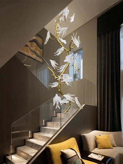 Bird Glass Tree Branch Long Staircase Chandelier - Nuvé