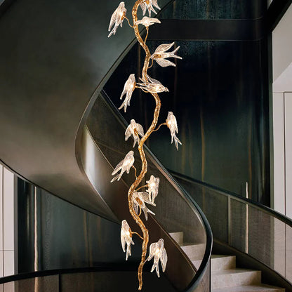 Bird Glass Tree Branch Long Staircase Chandelier - Nuvé
