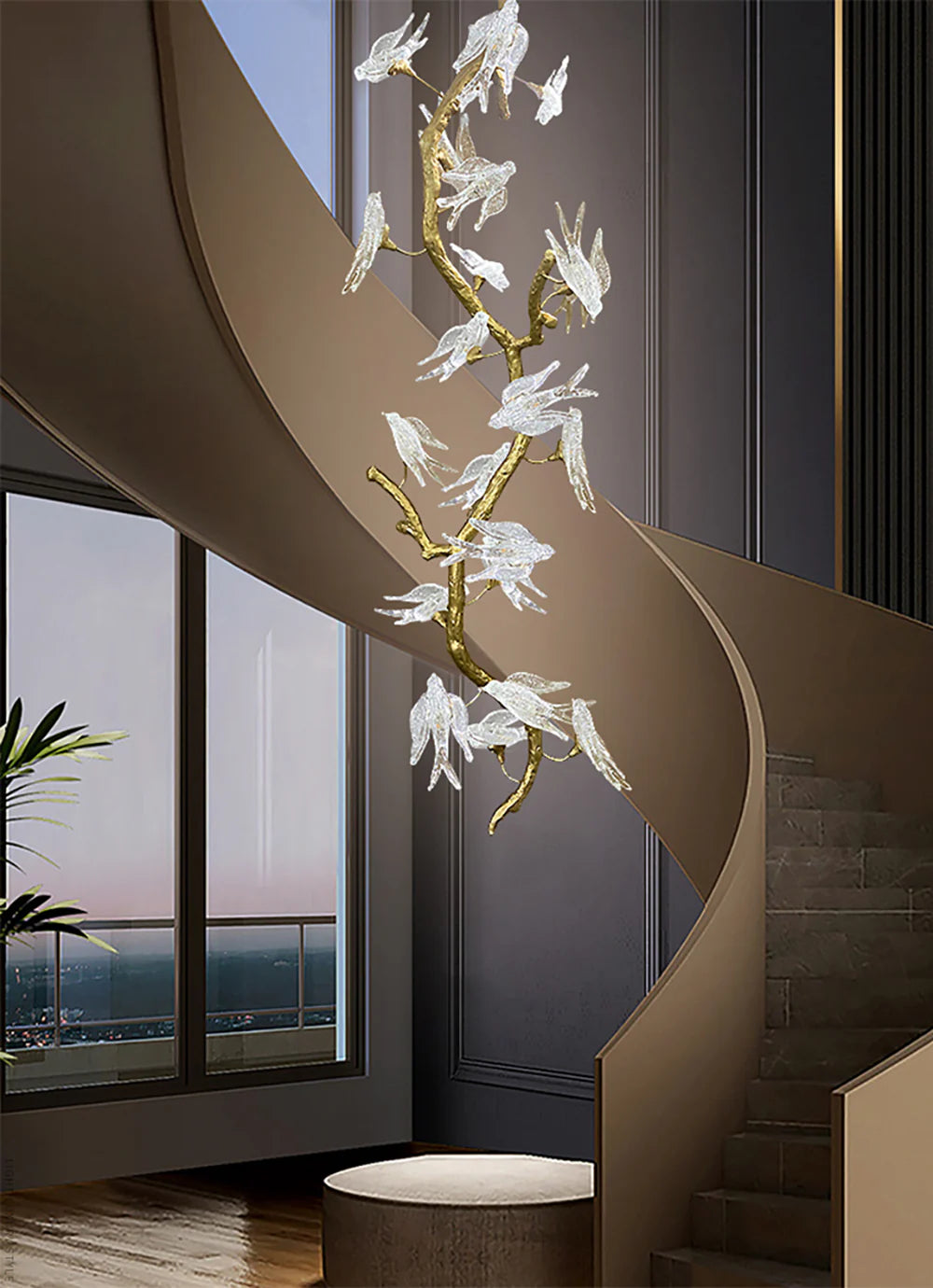 Bird Glass Tree Branch Long Staircase Chandelier - Nuvé