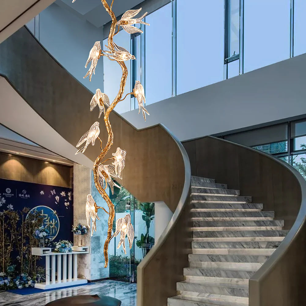 Bird Glass Tree Branch Long Staircase Chandelier - Nuvé