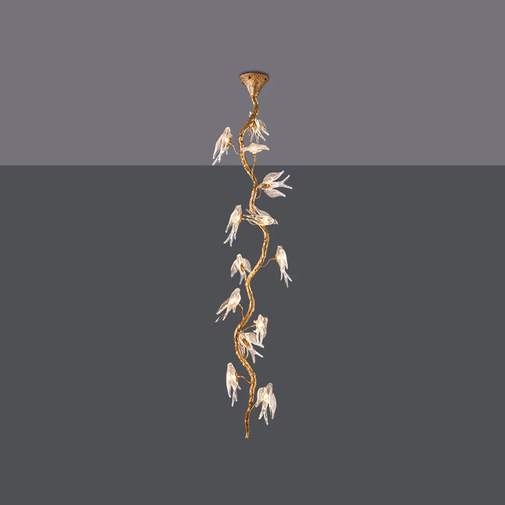 Bird Glass Tree Branch Long Staircase Chandelier - Nuvé