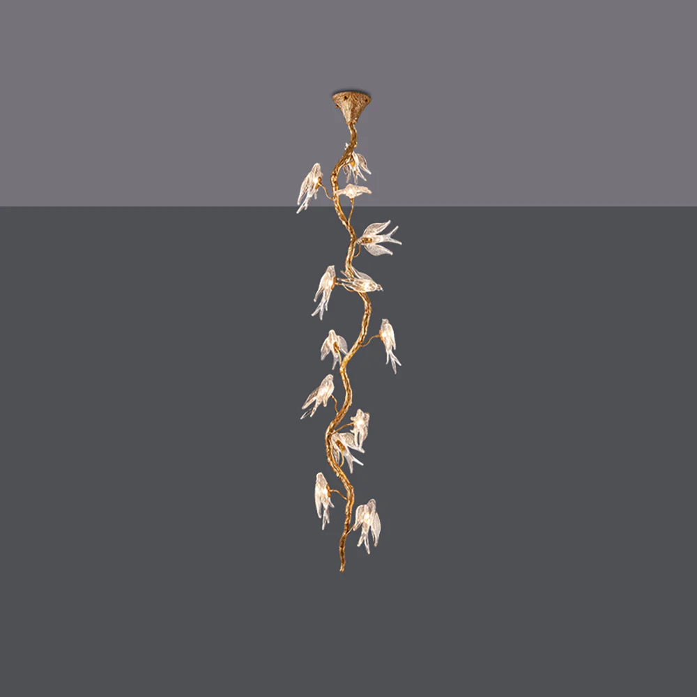 Bird Glass Tree Branch Long Staircase Chandelier - Nuvé