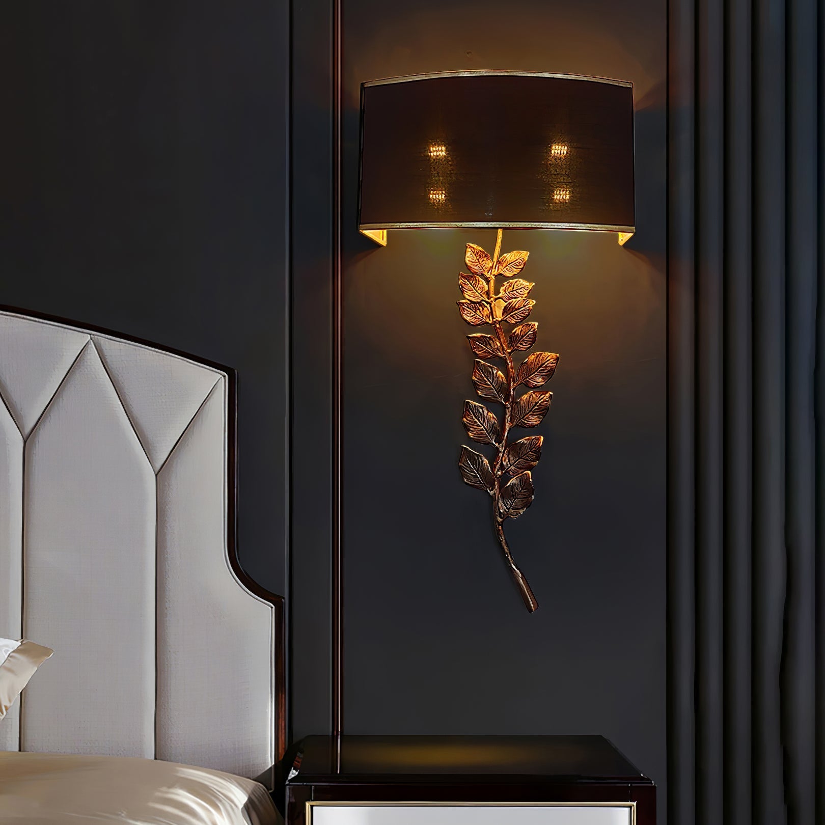 Korewolamp Birdwood wall lamp sconce with a sleek, modern design mounted on a wall, featuring a minimalist style and metallic finish.