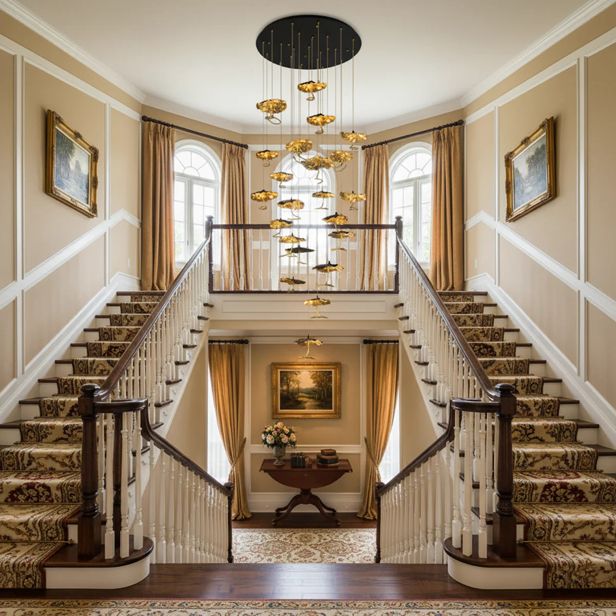 Brass aviary constellation chandelier by korewolamp with intricate bird and star designs hanging from a brass frame.