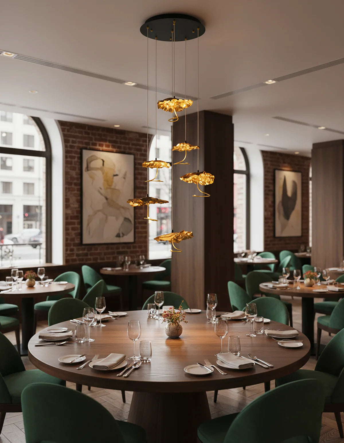 Brass aviary constellation chandelier by Korewolamp with intricate bird and star design, hanging from a chain in a stylish interior setting.