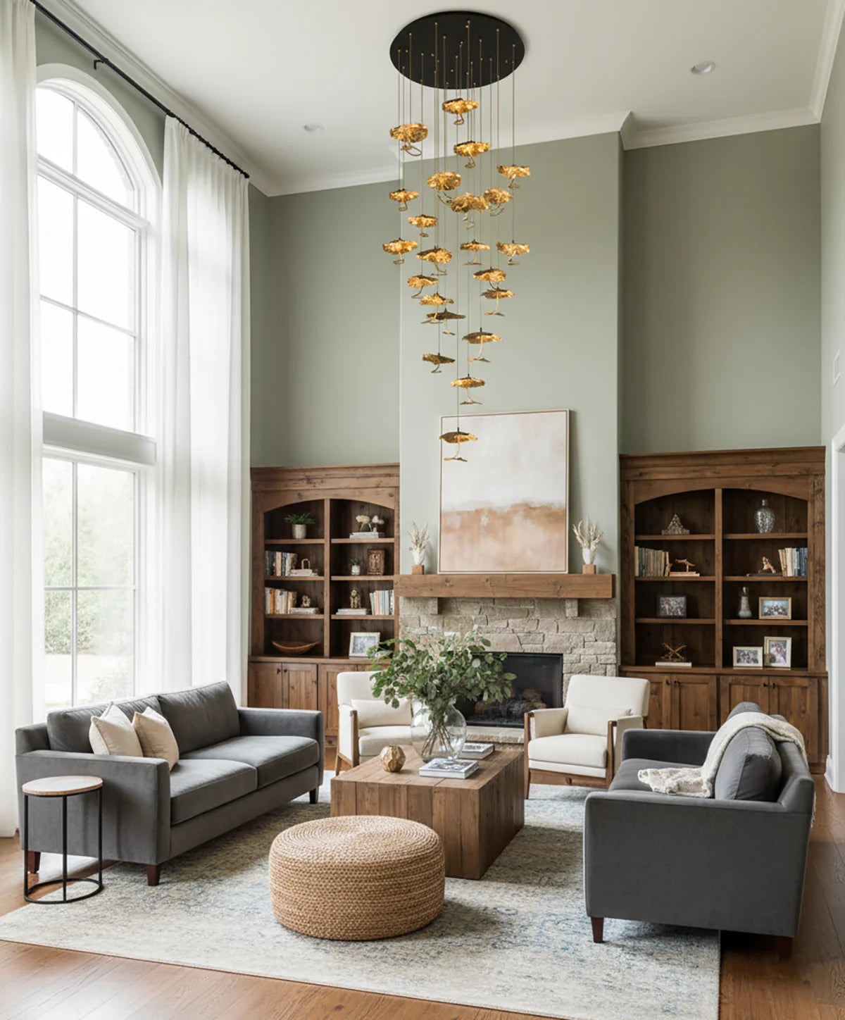 Brass aviary constellation chandelier by korewolamp with intricate bird and star details, hanging design, and warm lighting accents.