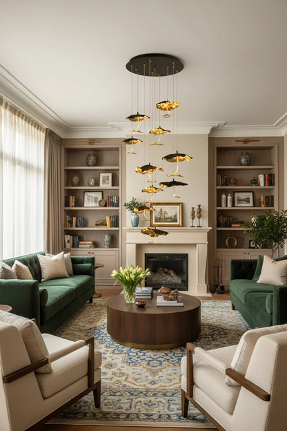 Brass aviary constellation chandelier by korewolamp featuring intricate bird and star-shaped design with hanging bulbs.