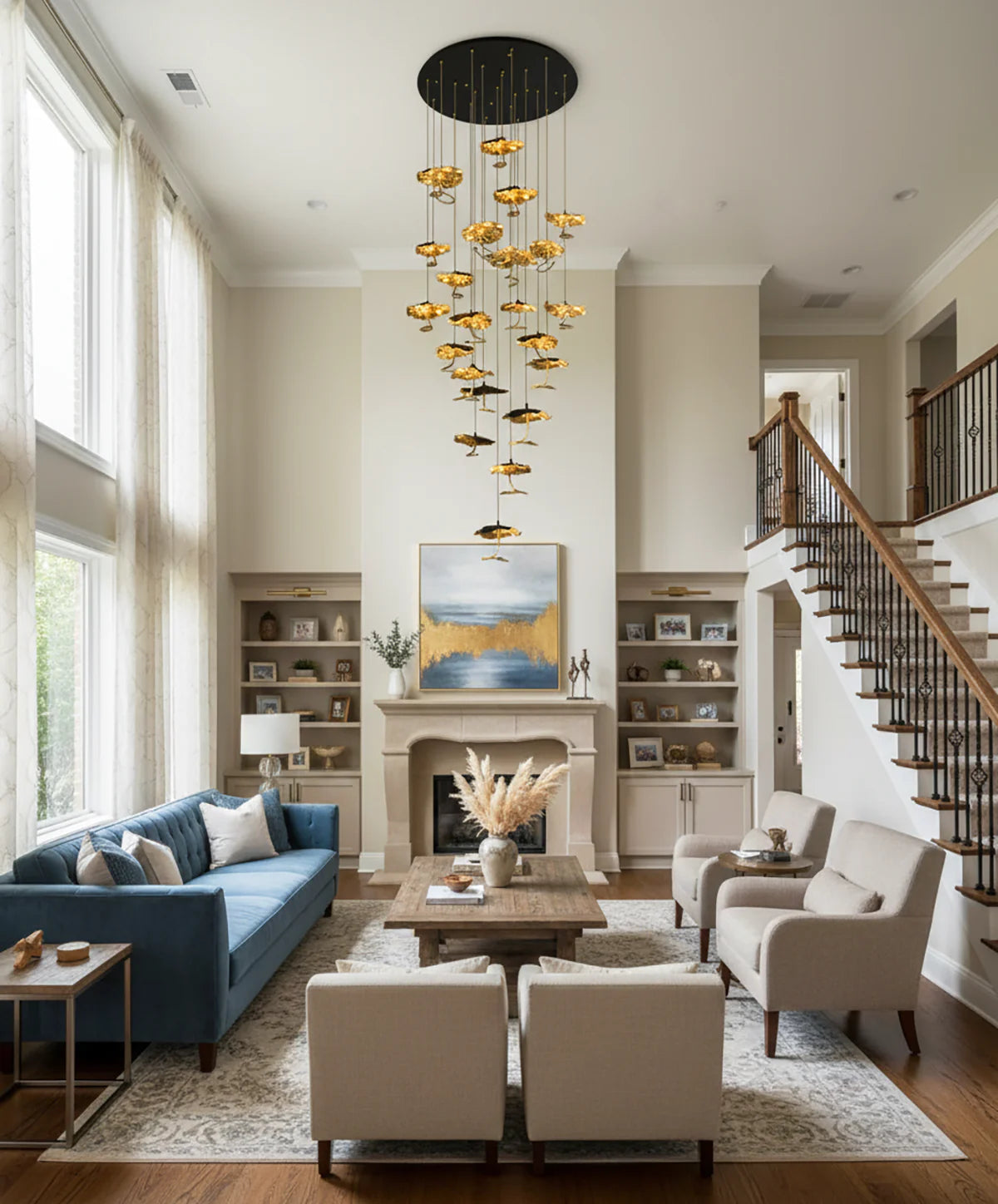 Brass aviary constellation chandelier by korewolamp with intricate bird and star-shaped design hanging lights.