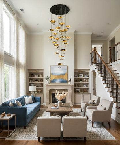 Brass aviary constellation chandelier by korewolamp with intricate bird and star-shaped design hanging lights.