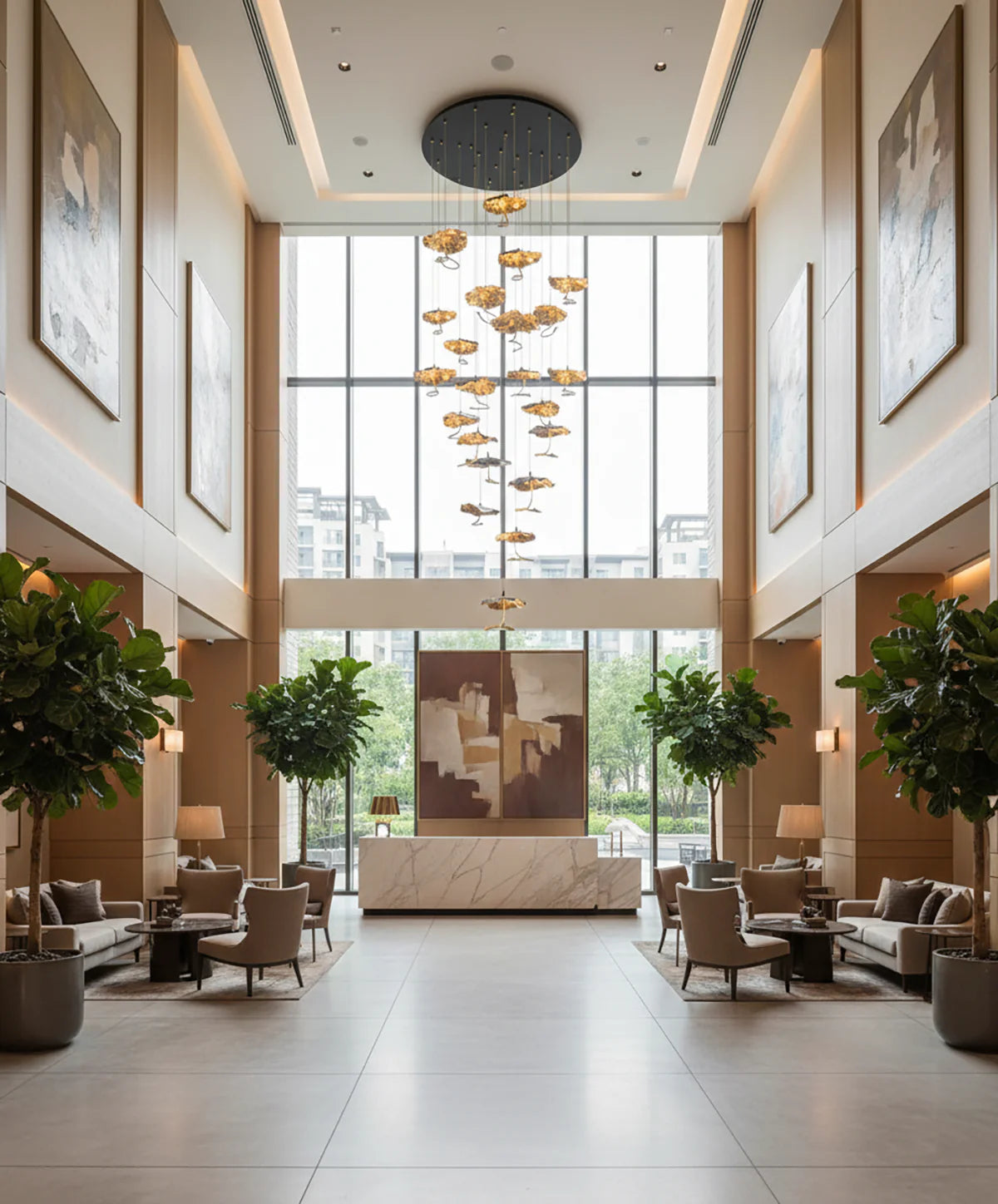 Brass aviary constellation chandelier by korewolamp featuring intricate bird and star-shaped metal design hanging from a brass frame.