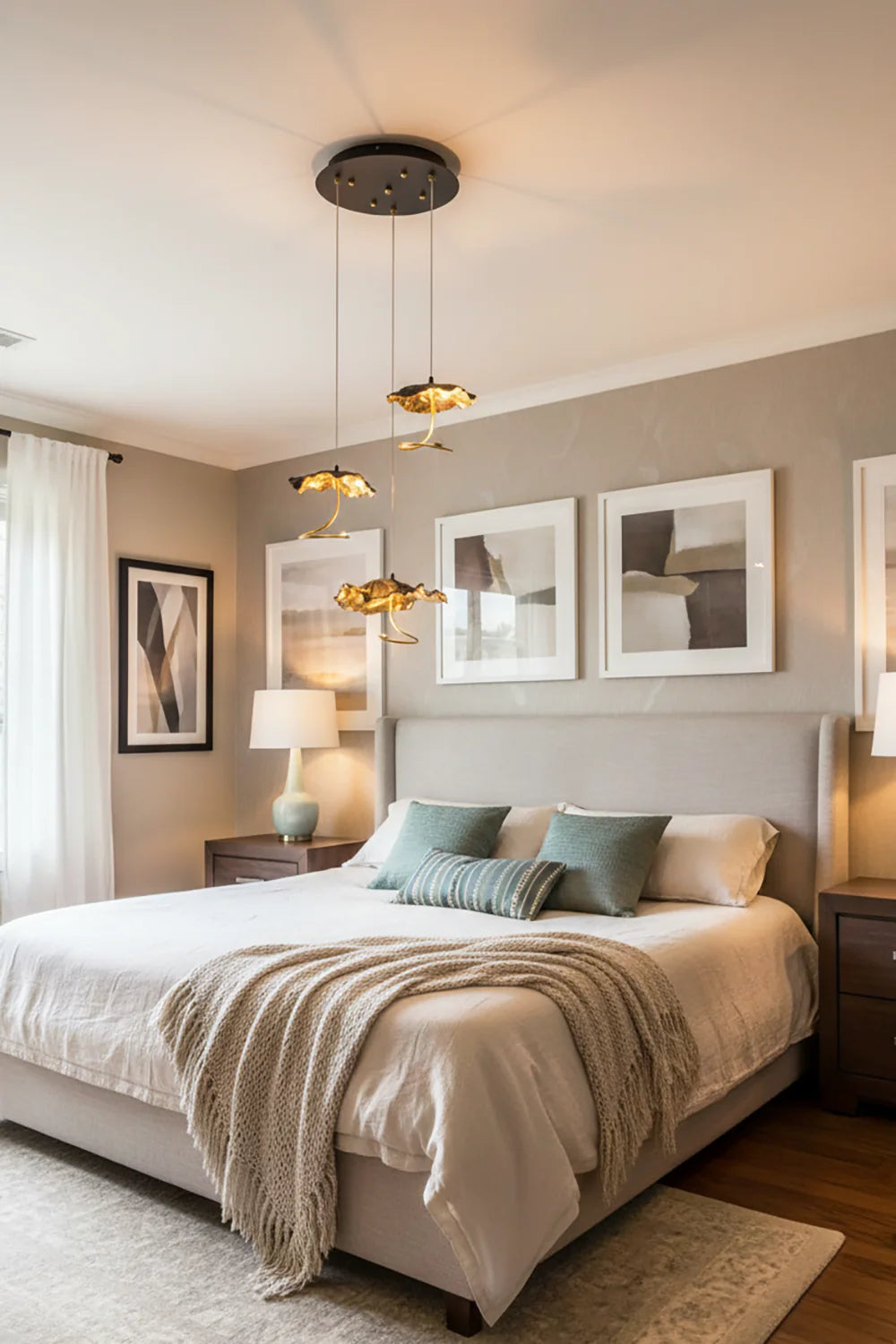 Brass aviary constellation chandelier by korewolamp featuring intricate bird and star-shaped metal design hanging from a brass frame.